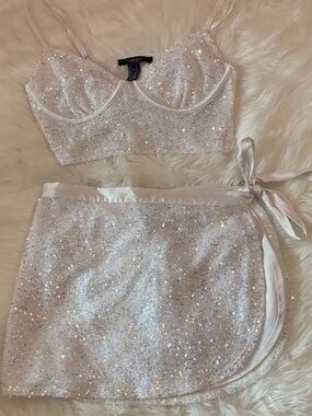 Sequin Two-Piece Crop Top & Wrap Skirt Set - Iridescent White